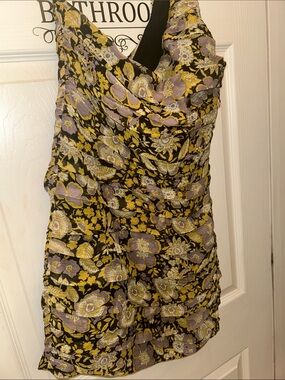 Zara One-Shoulder Floral Mini Dress in Black, Yellow & Lavender